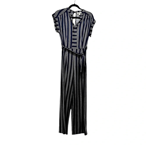 Monteau Tie- Waist Jumpsuit Navy Blue and White Stripes. Size Large - Picture 1 of 6